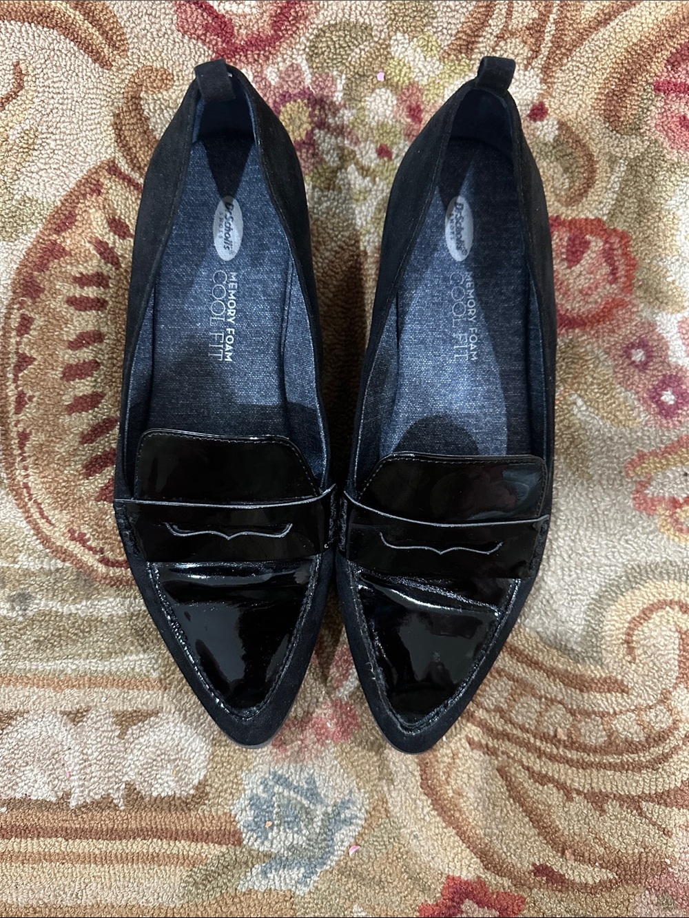 Women’s black patent leather & suede Dr Scholls  memory foam cool fit loafer 8.5
